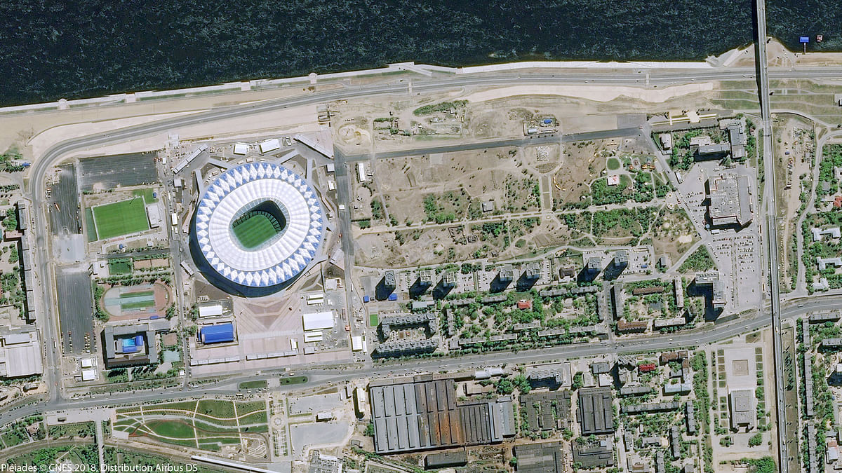 A picture taken from the Pleiades satellites shows the Volgograd Arena, which will host matches of the 2018 FIFA World Cup in Volgograd. Reuters