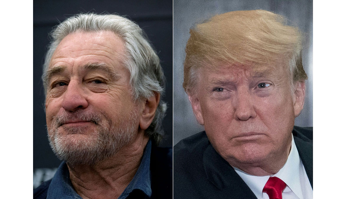 This combination of file pictures created on 12 June 2018 shows US actor Robert De Niro (L) delivering a press conference on 16 May 2018 during the opening of the new Nobu Hotel Marbella in Marbella and US president Donald Trump following a signing ceremony during the US-North Korea summit in Singapore on 12 June 2018. Photo: AFP