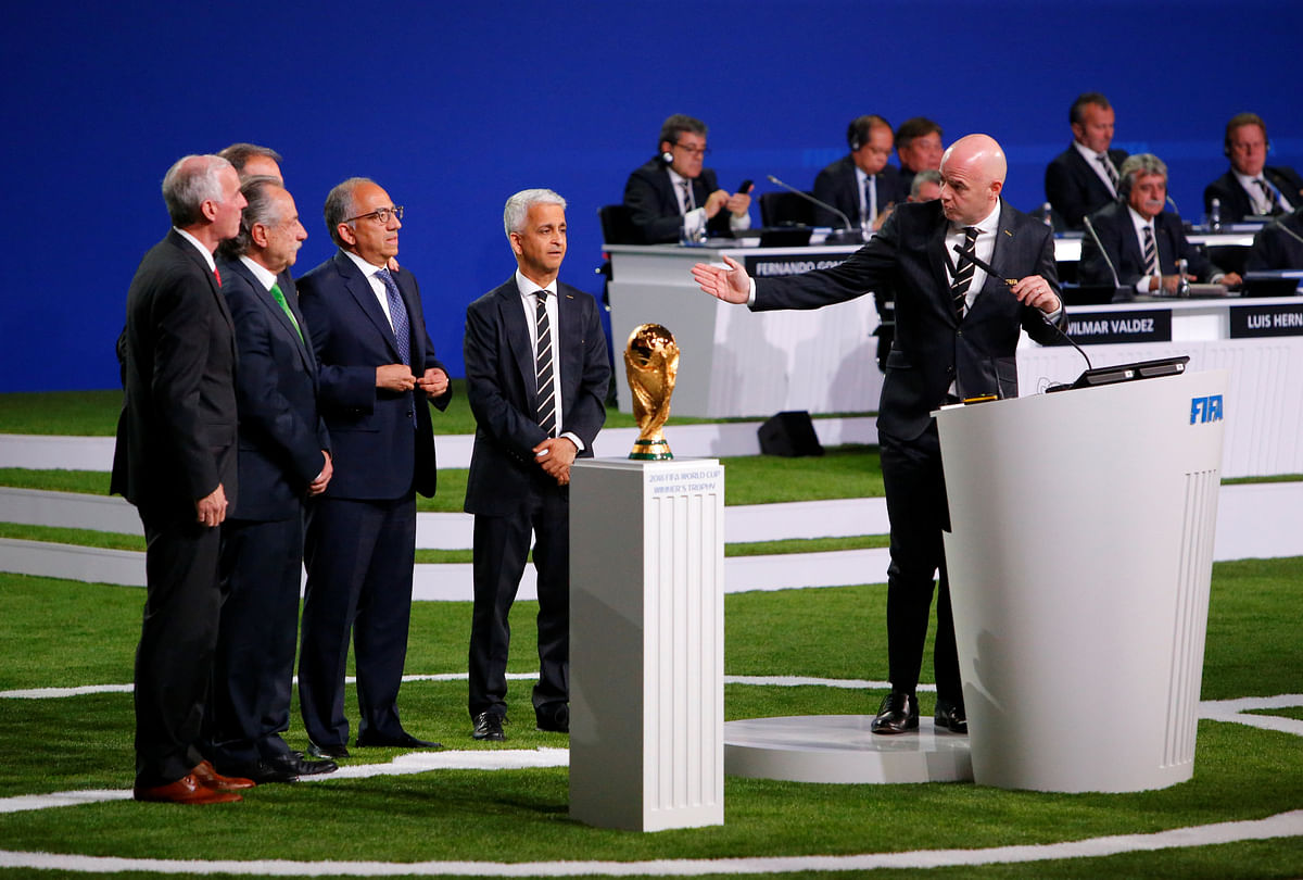 FIFA President Infantino delivers a speech after the presentations of the bids to host the 2026 FIFA World Cup during the 68th FIFA Congress in Moscow on 13 June. Photo: Reuters.