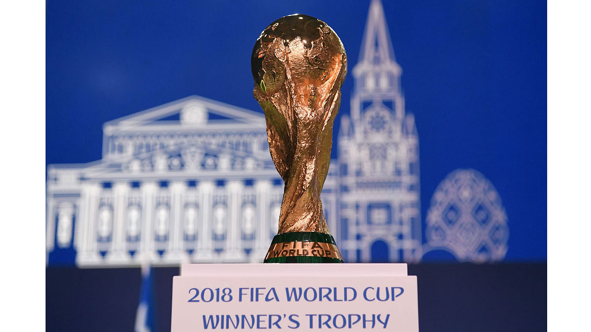 The World Cup winner`s trophy is seen during the 68th FIFA Congress at the Expocentre in Moscow on 13 June 2018. Photo: AFP