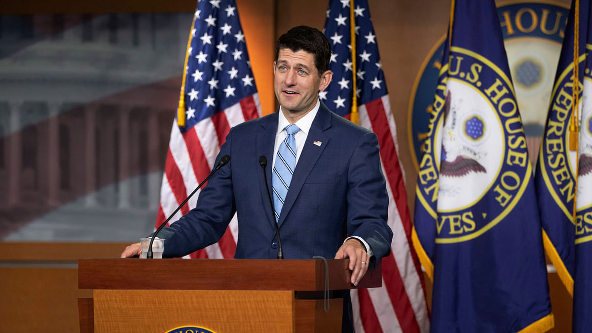 In this 7 June, 2018, photo, Speaker of the House Paul Ryan, R-Wis., takes questions from reporters following a closed-door GOP meeting on immigration without reaching an agreement between conservatives and moderates, on Capitol Hill in Washington. Photo: AP