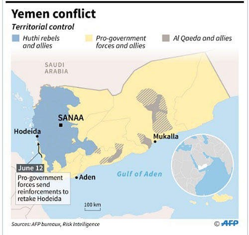 Territorial control in Yemen on 12 June. Photo: AFP