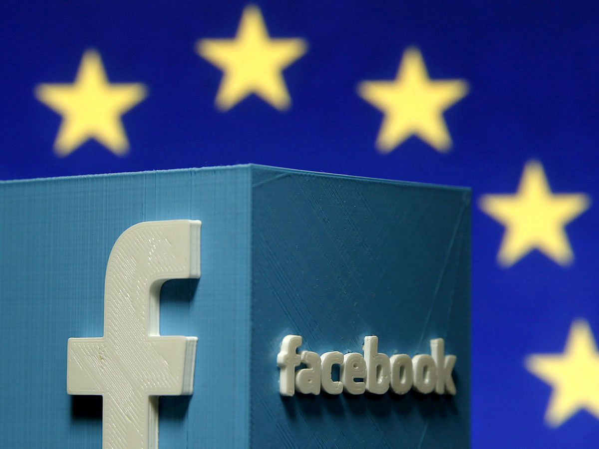 A 3D-printed Facebook logo is seen in front of the logo of the European Union in this picture illustration made in Zenica, Bosnia and Herzegovina on 15 May 2015. Photo: Reuters