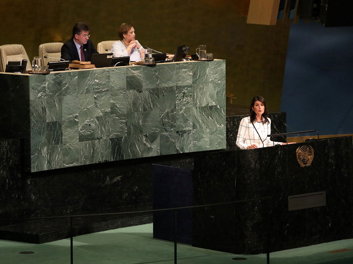 US Ambassador to the United Nations Nikki Haley addresses a United Nations General Assembly meeting ahead of a vote on a draft resolution that would deplore the use of excessive force by Israeli troops against Palestinian civilians at UN headquarters in New York, US on 13 June 2018. Photo: Reuters
