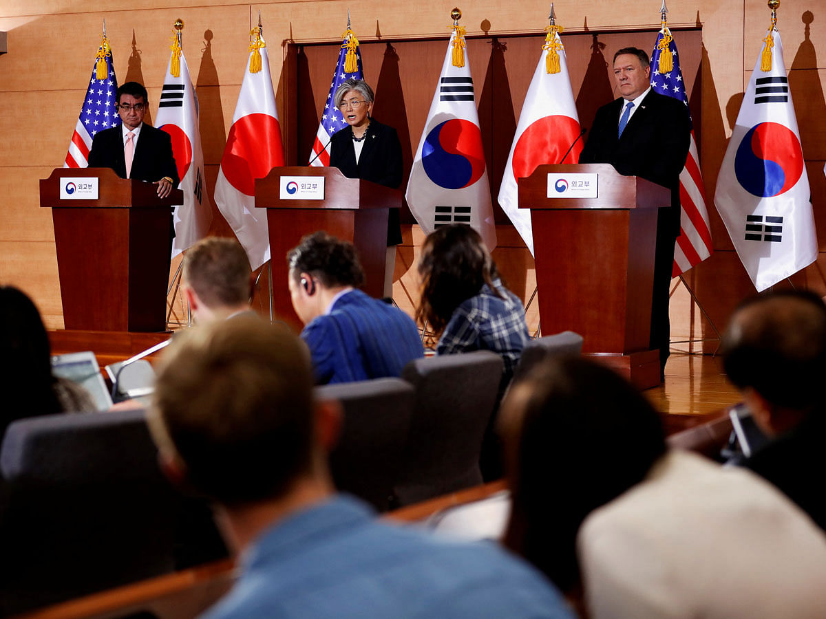 US secretary of state Mike Pompeo, South Korean foreign minister Kang Kyung-wha and Japan`s Foreign Minister Taro Kono attend a joint news conference at the foreign ministry in Seoul, South Korea on 14 June 2018. Photo: Reuters