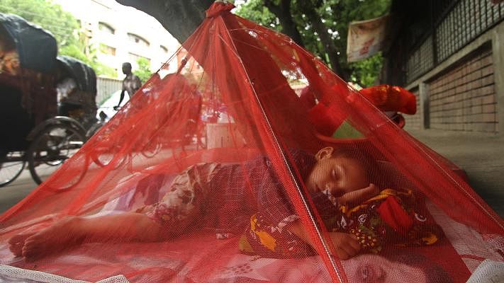 A child sleeping in a mosquito net on College Road of Dhaka on 11 June. Photo: Abdus Salam