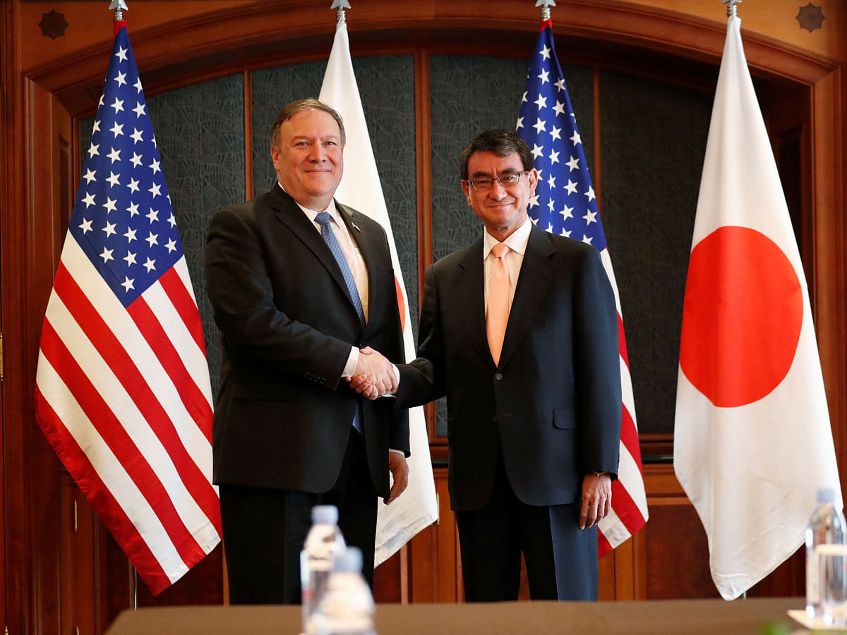 US secretary of state Mike Pompeo shakes hands with Japan`s foreign minister Taro Kono during a bilateral meeting at a hotel in Seoul, South Korea on 14 June 2018. Photo: Reuters