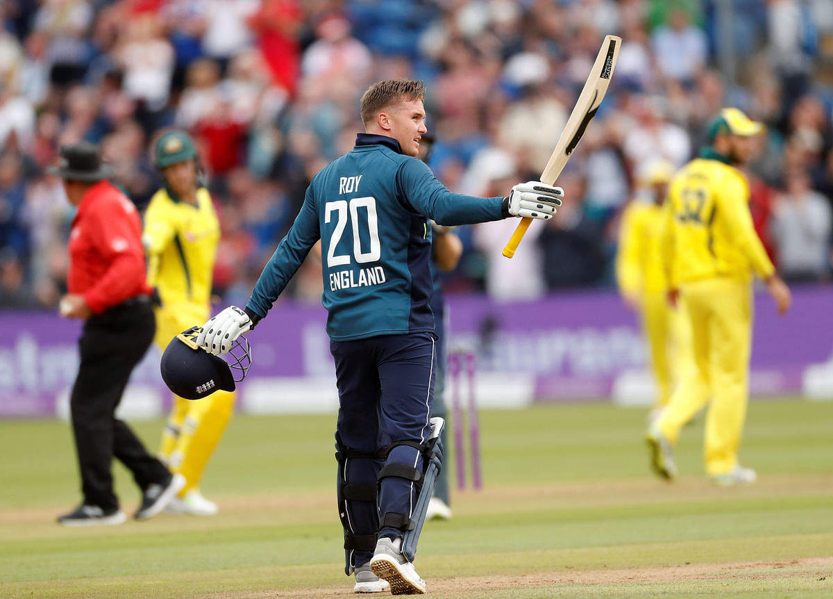 England’s Jason Roy celebrates reaching a century against Australia in the Second One Day International at Sophia Gardens, Cardiff, Britain on 16 June 2018. Photo: Reuters