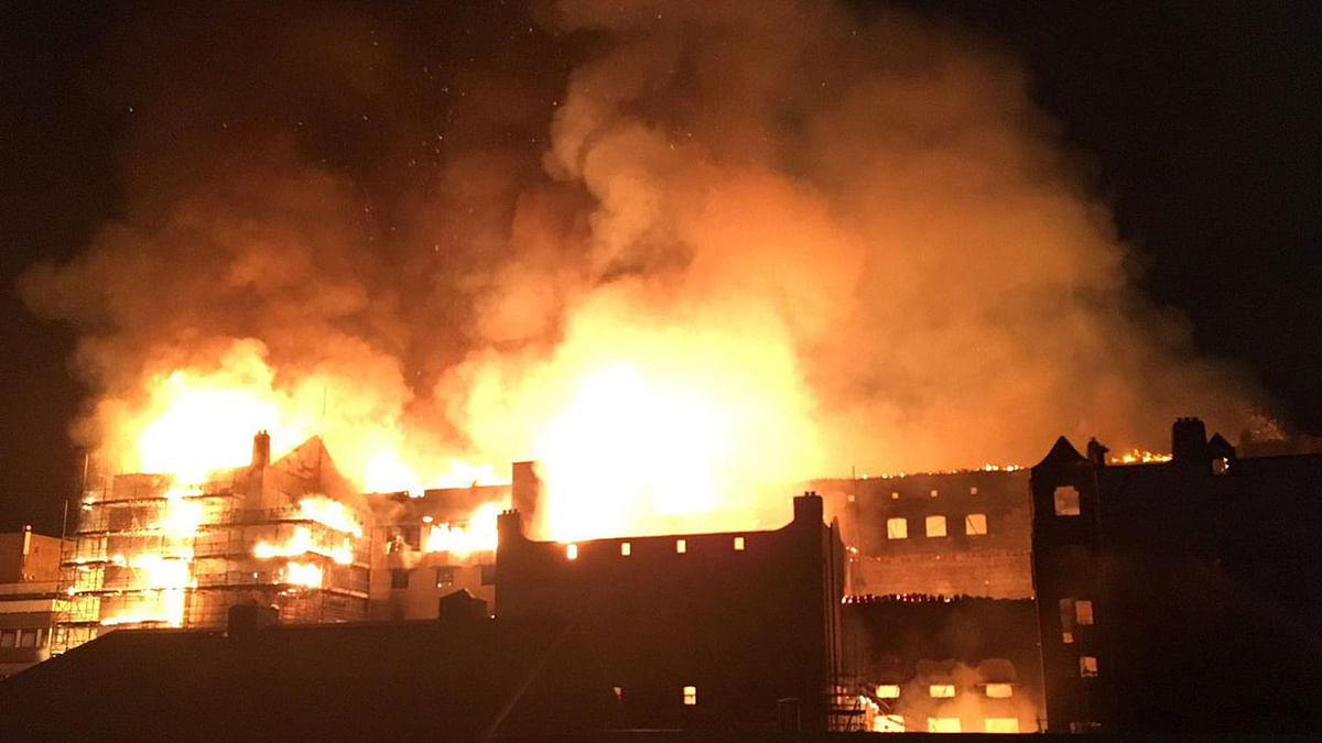 The rear elevation of the Glasgow School of Art is seen on fire, in Glasgow, Scotland, Britain, on 15 June 2018, in this still image obtained from social media. Photo: Reuters