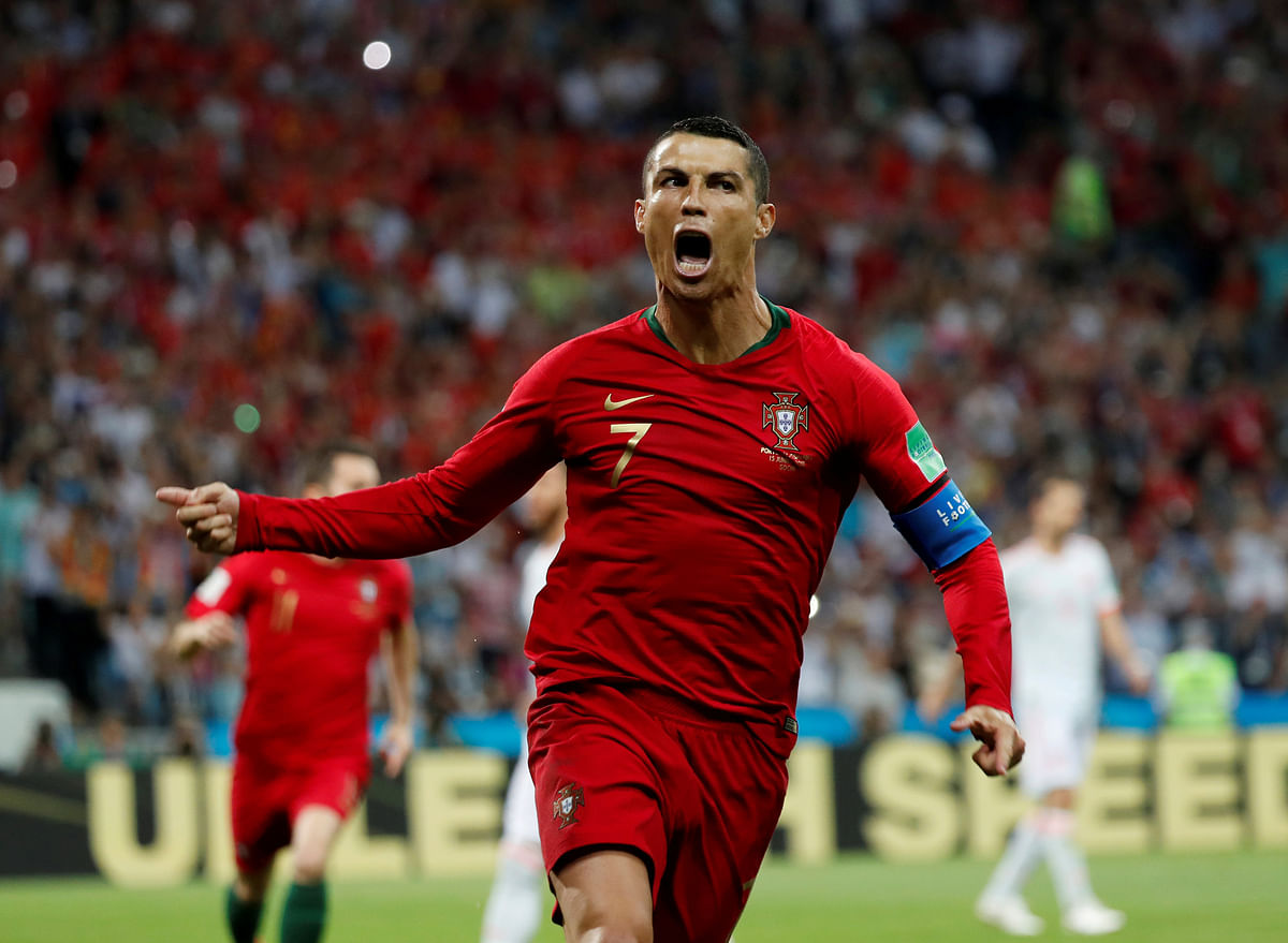 Portugal`s Cristiano Ronaldo celebrates scoring their first goal. Reuters