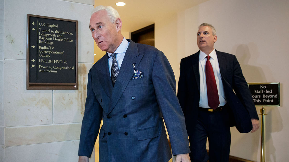 In this 26 September 2017, file photo, long time Donald Trump associate Roger Stone arrives to testify before the House Intelligence Committee, on Capitol Hill in Washington. Photo: AP