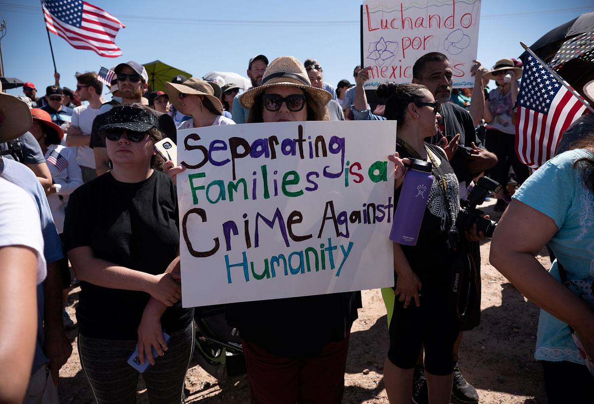 People participate in a protest against a recent US immigration policy of separating children from their families when they enter the United States as undocumented immigrants, outside the Tornillo Tranit Centre, in Tornillo, Texas, US on 17 June 2018. Photo: Reuters