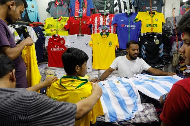 ‘Home’ and ‘away’ jerseys are being sold across the city. The picture was taken by Dipu Malakar recently from New Super Market of Dhaka.