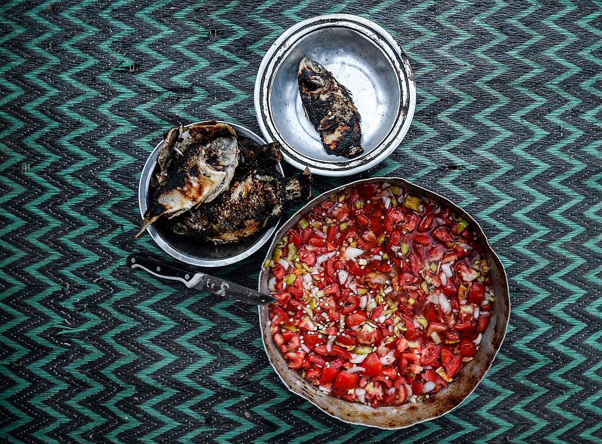 This picture taken on 16 June 2018, shows a fisherman`s meal, near the Pharaonic Sea, in the village of Kafr Fisha, province of Munuf. The `Pharaonic Sea` is the name of a large water body in the province of Menoufia, an area of 2500 acres and overlooking 50 villages. Photo: AFP