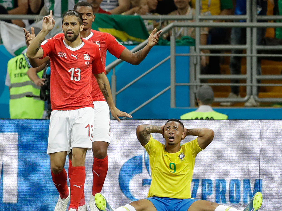 Switzerland`s Ricardo Rodriguez, left, and Brazil`s Gabriel Jesus, right, react during the group E match between Brazil and Switzerland at the 2018 FIFA World Cup in the Rostov Arena in Rostov-on-Don, Russia, Sunday on 17 June 2018. Photo: AP