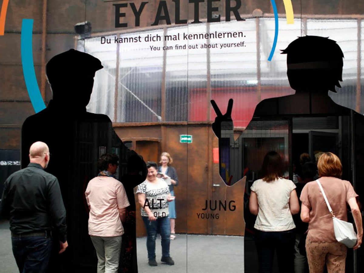 People visit an exhibition about demografic change called `Ey Alter` by carmaker Mercedes Benz in Berlin, Germany on 5 June 2018. -- Reuters