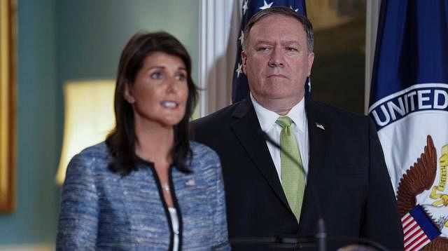 US ambassador to the United Nations Nikki Haley delivers remarks to the press together with US secretary of state Mike Pompeo, announcing the US`s withdrawal from the UN`s Human Rights Council at the department of state in Washington, US on 19 June 2018. Photo: Reuters