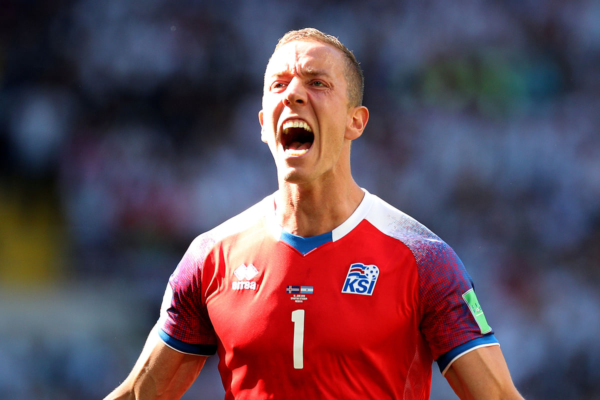 Iceland`s Hannes Por Halldorsson celebrates in the World Cup match against Argentina on 16 June 2018 in Moscow. Photo: Reuters