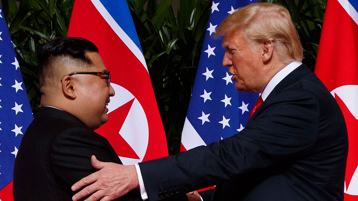 In this Tuesday, 12 June, 2018, file photo, US president Donald Trump meets with North Korean leader Kim Jong Un on Sentosa Island in Singapore. A new poll from The Associated Press-NORC Center for Public Affairs Research released Thursday finds that 55 per cent of Americans approve of Trump`s diplomacy with North Korea, up from 42 per cent in March and 34 per cent last October. It`s the highest rating for the Republican president on any individual issue on an AP-NORC poll since his inauguration. Photo : AP