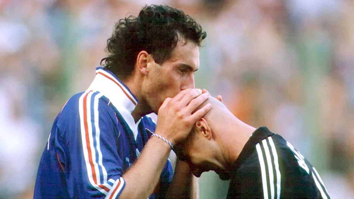 France are convinced superstition played a part in their 1998 World Cup win. Defender Laurent Blanc planted a kiss on Barthez`s bald head before every match up to the final against Brazil. Photo: Collected.