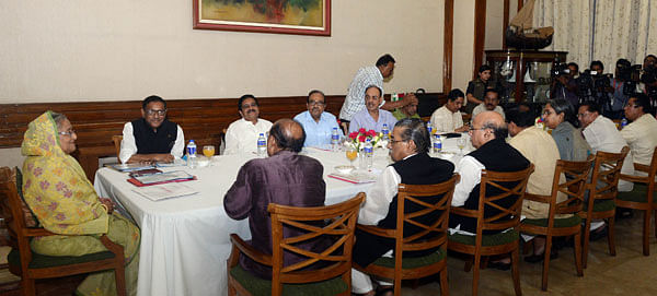AL president and prime minister Sheikh Hasina presides over a meeting of party’s Parliamentary Board and Awami League Nomination Board for local government elections at her official Ganabhaban residence on Friday. Photo: PID