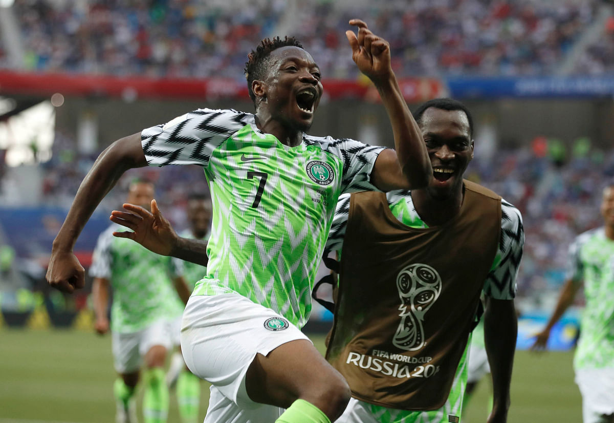 Nigeria's Ahmed Musa celebrates his team's second goal during the group D match between Nigeria and Iceland at the 2018 soccer World Cup in the Volgograd Arena in Volgograd, Russia, Friday, 22 June 2018. Photo: AP
