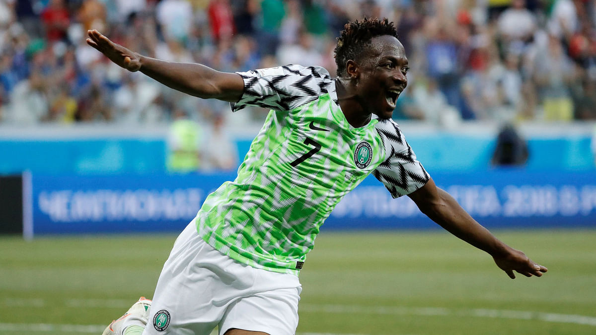 Nigeria`s Ahmed Musa celebrates scoring their second goal against Iceland. Photo: Reuters