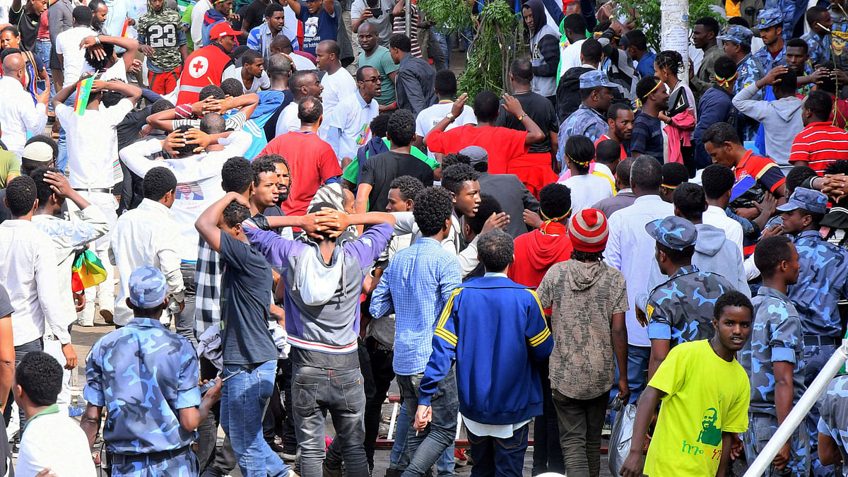 Ethiopians react after an explosion during a rally in support of the new prime minister Abiy Ahmed in Addis Ababa on 23 June 23. Photo: Reuters