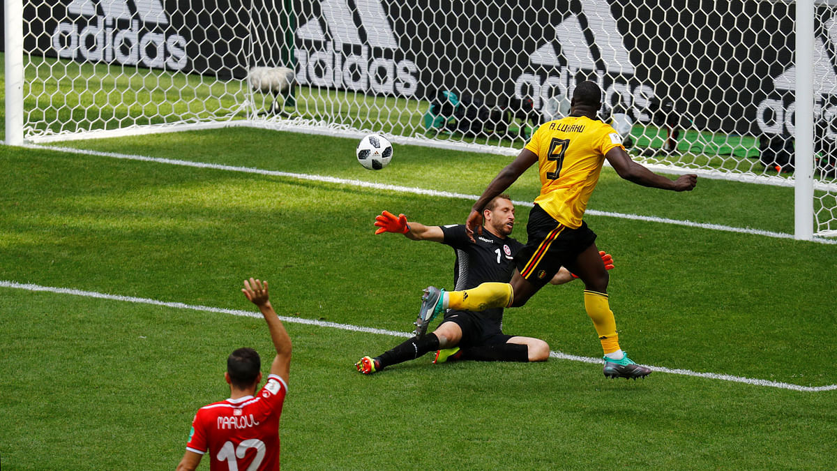 Belgium`s Romelu Lukaku scores their third goal against Tunisia. Photo: Reuters