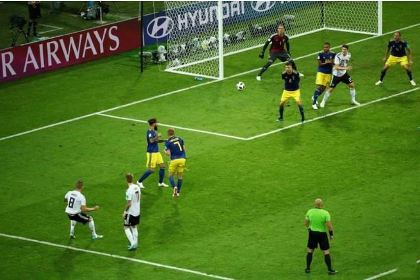 Germany`s Toni Kroos scores their second goal  against Sweden at Sochi, Russia -on 23,  June  2018 -- Reuters