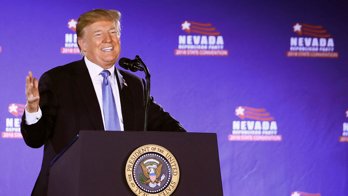 President Donald Trump speaks at a Nevada GOP Convention in Suncoast Hotel and Casino in Las Vegas, Saturday, 23 June 2018