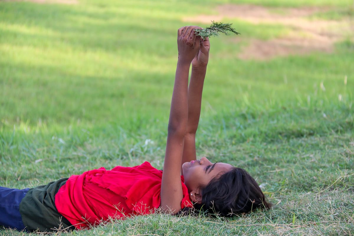 A girl looks at sky through tamarisk leaves on the campus of Khulna University of Engineering and Technology on 22 June. Photo: Saddam Hossain