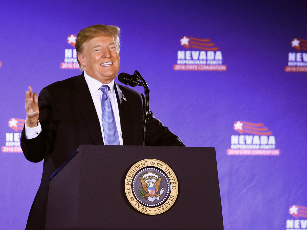 US president Donald Trump speaks at a Nevada GOP Convention in Suncoast Hotel and Casino in Las Vegas on 23 June. Photo: AP