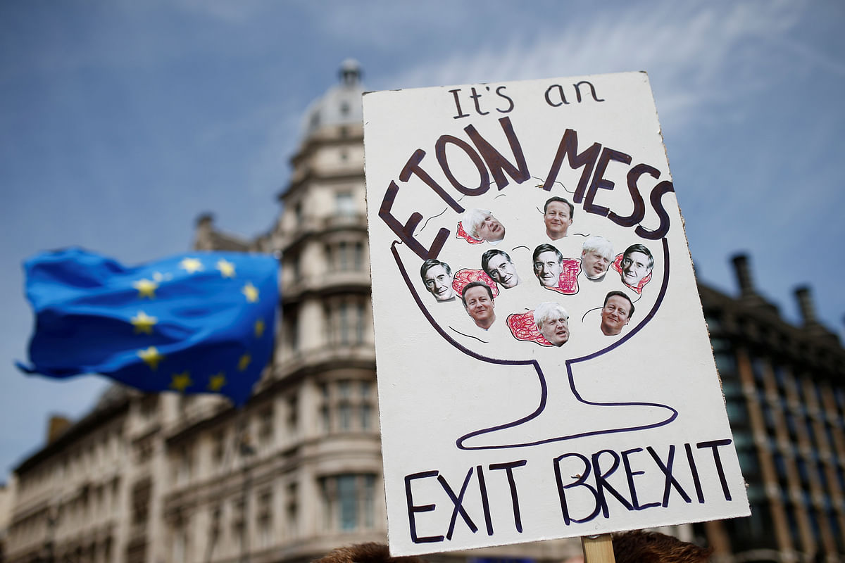 A placard is seen as EU supporters, calling on the government to give Britons a vote on the final Brexit deal, participate in the `People`s Vote` march in central London, Britain on 23 June 2018. Photo: Reuters