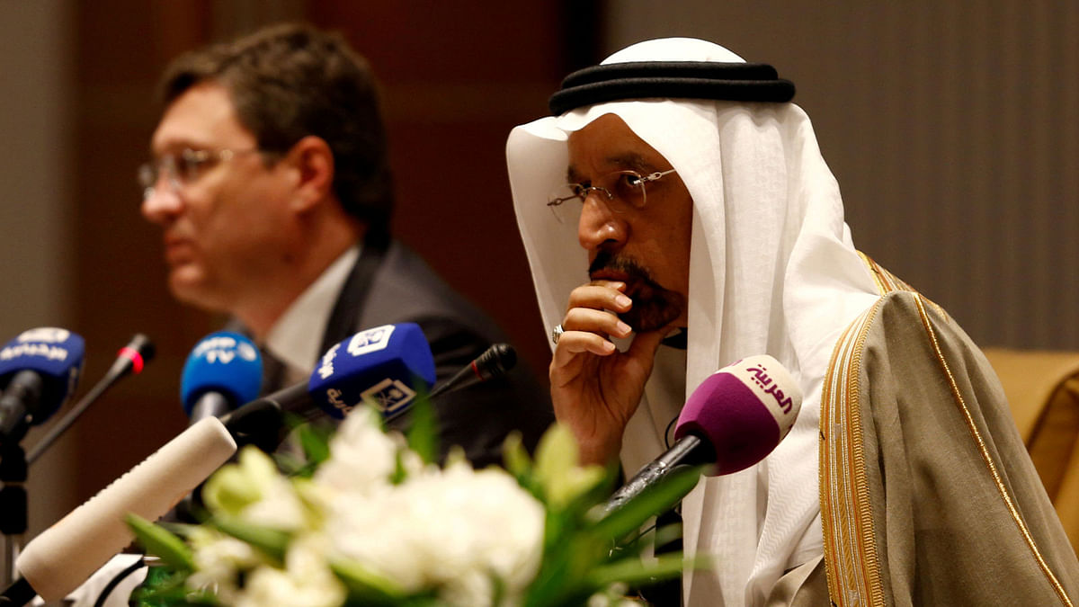 Saudi energy minister Khalid al-Falih and Russian energy minister Alexander Novak attend a news conference at the Ritz-Carlton hotel in Riyadh, Saudi Arabia on 14 February 2018. Reuters File Photo