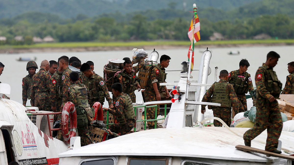 Myanmar soldiers arrive at Buthidaung jetty after the Arakan Rohingya Salvation Army`s (ARSA) attacks, at Buthidaung, Myanmar on 29 August 2017. Reuters File Photo
