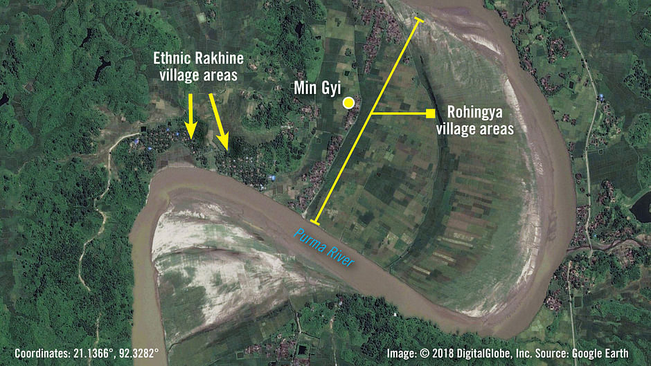 A satellite image taken on 24 September 2017 and provided by Amnesty International on 26 June 2018 shows what they describe as the geography of Myanmar`s Min Gyi village, divided between a Rohingya area surrounded by the Purma River on the north, east, and south, and an ethnic Rakhine area to the west