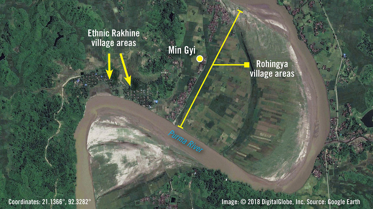 A satellite image taken on 24 September 2017 and provided by Amnesty International on 26 June 2018 shows what they describe as the geography of Myanmar`s Min Gyi village, divided between a Rohingya area surrounded by the Purma River on the north, east, and south, and an ethnic Rakhine area to the west. Photo: Reuters