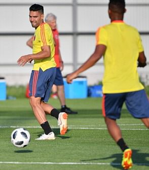 Colombia`s forward Falcao attends a training session on the eve of the Russia 2018 World Cup Group H football match between Colombia and Senegal, on 27 June 2018 in Samara. Photo: AFP