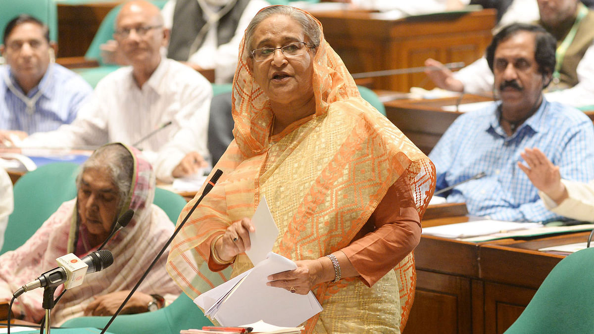 Prime minister Sheikh Hasina delivers speech on national budget of 2018-19 fiscal at parliament on 27 June. Photo: PID