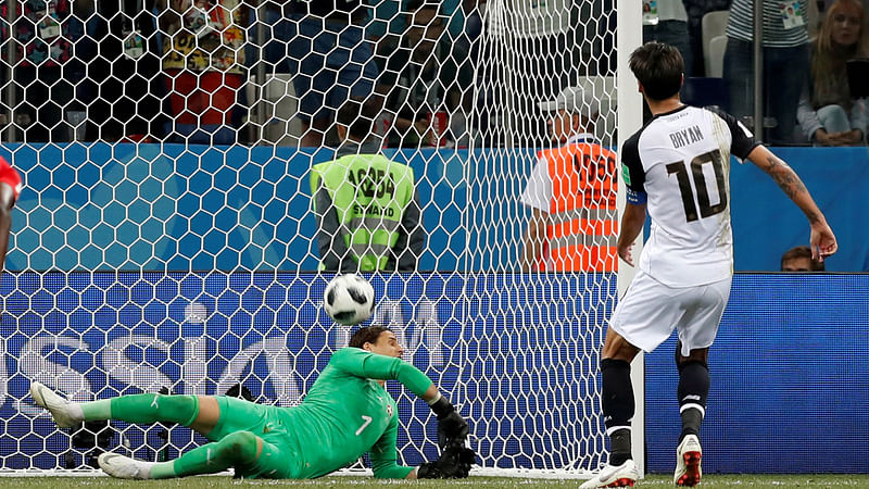 Switzerland`s Yann Sommer scores an own goal and the second goal for Costa Rica after Costa Rica`s Bryan Ruiz shot at goal from the penalty spot. Photo: Reuters