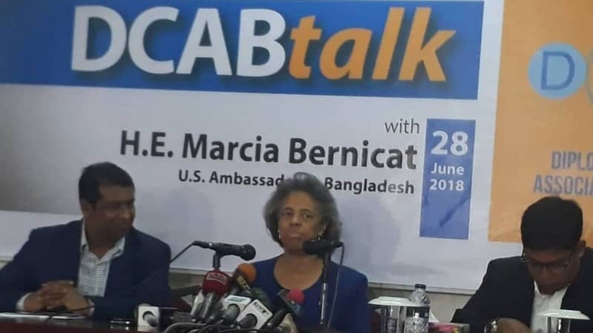 US ambassador in Bangladesh Mercia Bernicat speaks at DCAB Talk in Jatiya Press Club on Thursday. Photo: UNB