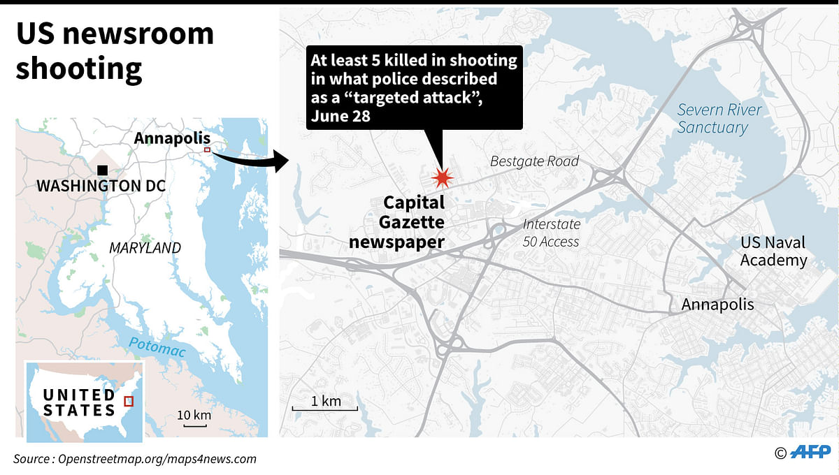 Close-up map of Annapolis in Maryland, where a gunman killed at least five people at the Capital Gazette newspaper. AFP