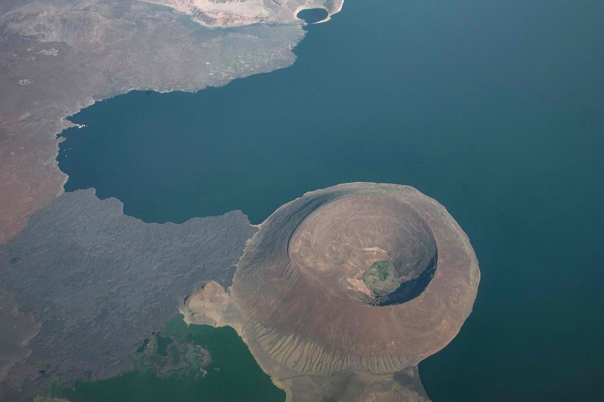 An aerial image shows a part of Lake Turkana, the world`s largest desert lake, in northern Kenya on 28 June 2018. The World Heritage Committee meeting in Manama this week decided whether to inscribe the Lake Turkana National Parks to a list of endangered World Heritage sites due to what monitors say are threats posed by an Ethiopian dam, sugar factories, and a multi-billion shilling infrastructure project involving Kenya. Photo: AFP