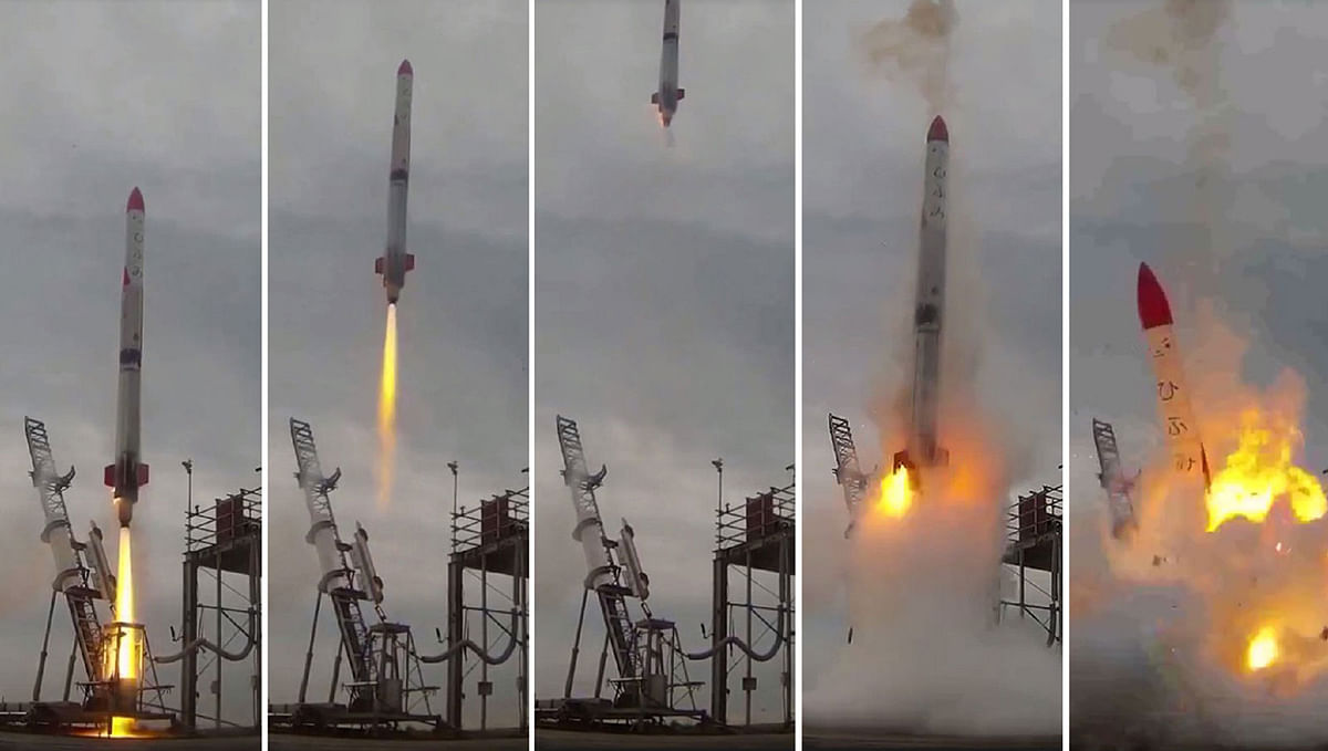 This combo of video grabs provided by Interstellars Technologies shows the failed launch of the rocket MOMO-2 in Taiki, Kokkaido prefecture, on 30 June 2018. The rocket launched by a maverick Japanese entrepreneur and convicted fraudster exploded shortly after lift-off, failing to become Japan`s first privately developed rocket to reach outer space.