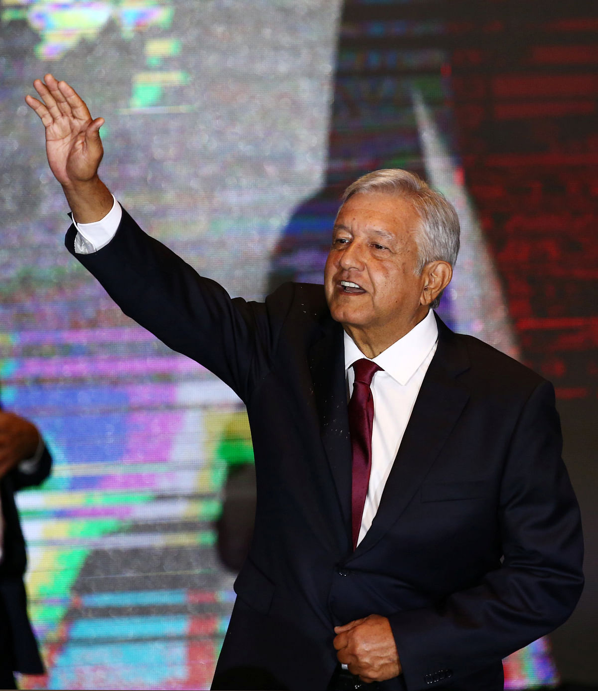 Presidential candidate Andres Manuel Lopez Obrador waves as he addresses supporters after polls closed in the presidential election, in Mexico City, Mexico on 1 July 2018. Photo: Reuters