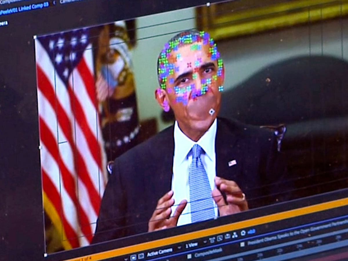This image made from video of a fake video featuring former President Barack Obama shows elements of facial mapping used in new technology that lets anyone make videos of real people appearing to say things they`ve never said. There is rising concern that US adversaries will use new technology to make authentic-looking videos to influence political campaigns or jeopardize national security. Photo: AP