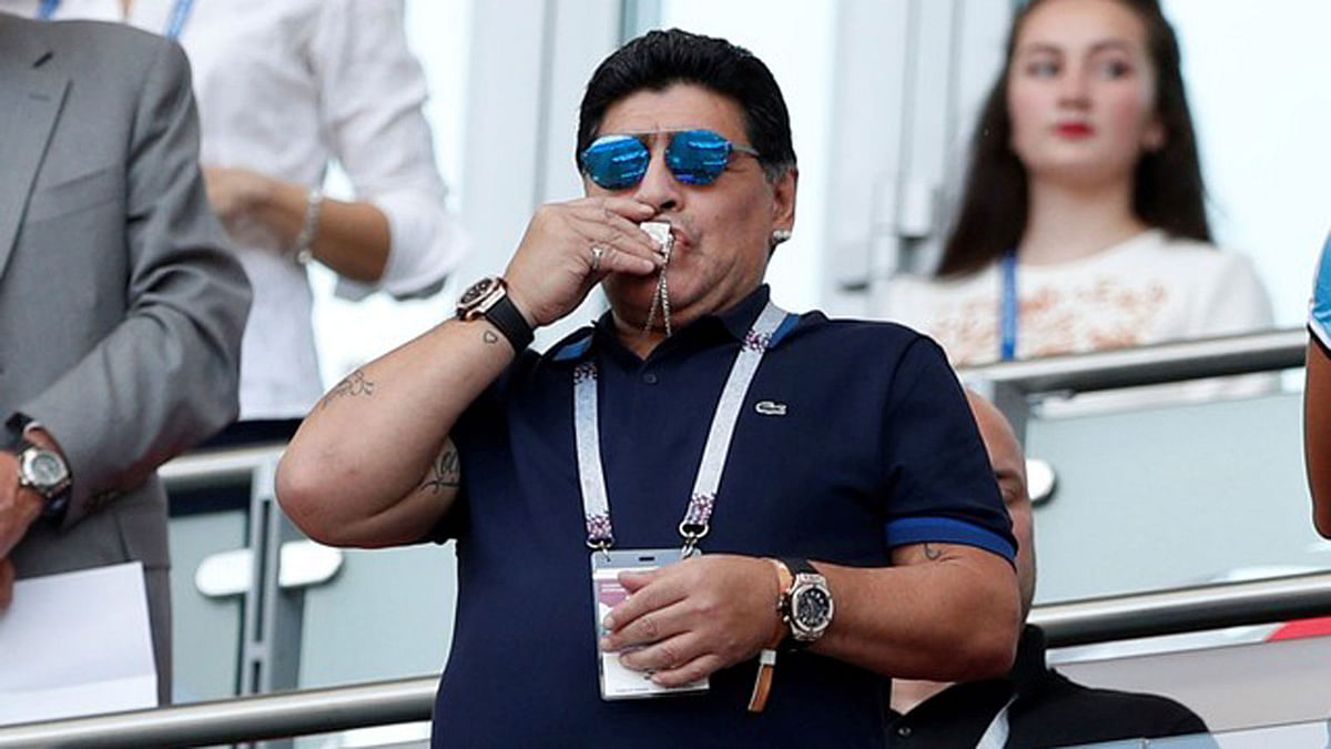 Diego Maradona in the stands before the  France vs Argentina match 30 June 2018. Photo : Reuters