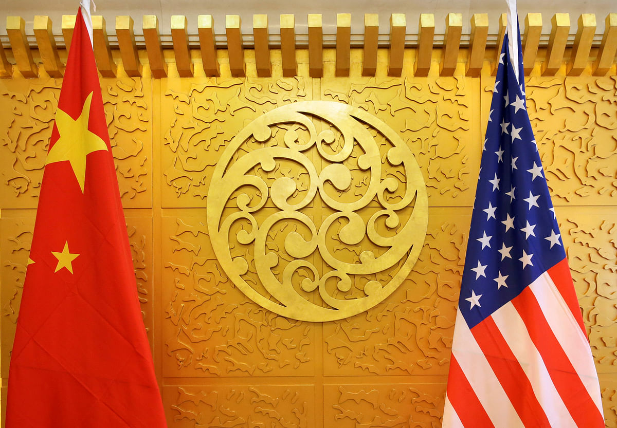 Chinese and US flags are set up for a meeting during a visit by US secretary of transportation Elaine Chao at China’s Ministry of Transport in Beijing, China on 27 April. Photo: Reuters