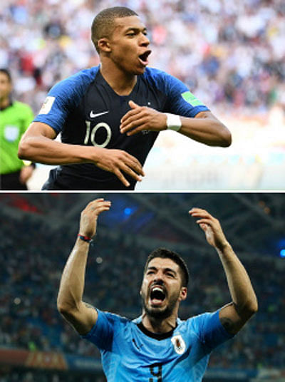 This combination of photos created on 4 July 2018 shows France`s forward Kylian Mbappe in Kazan on 30 June 2018 (L) and Uruguay`s forward Luis Suarez in Sochi on 30 June 2018. France will play Uruguay in their the Russia 2018 World Cup quarter-final football match at the Nizhny Novgorod Stadium in Nizhny Novgorod on 6 July 2018. -- AFP